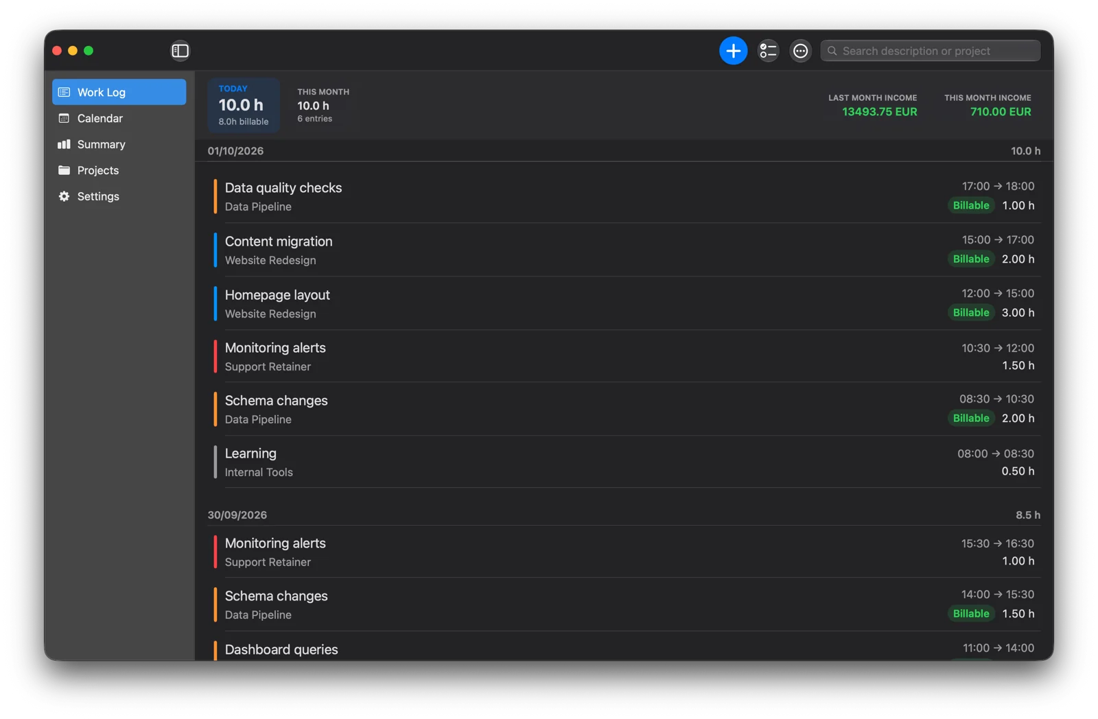 Hourio Work Log with today's hours and monthly income